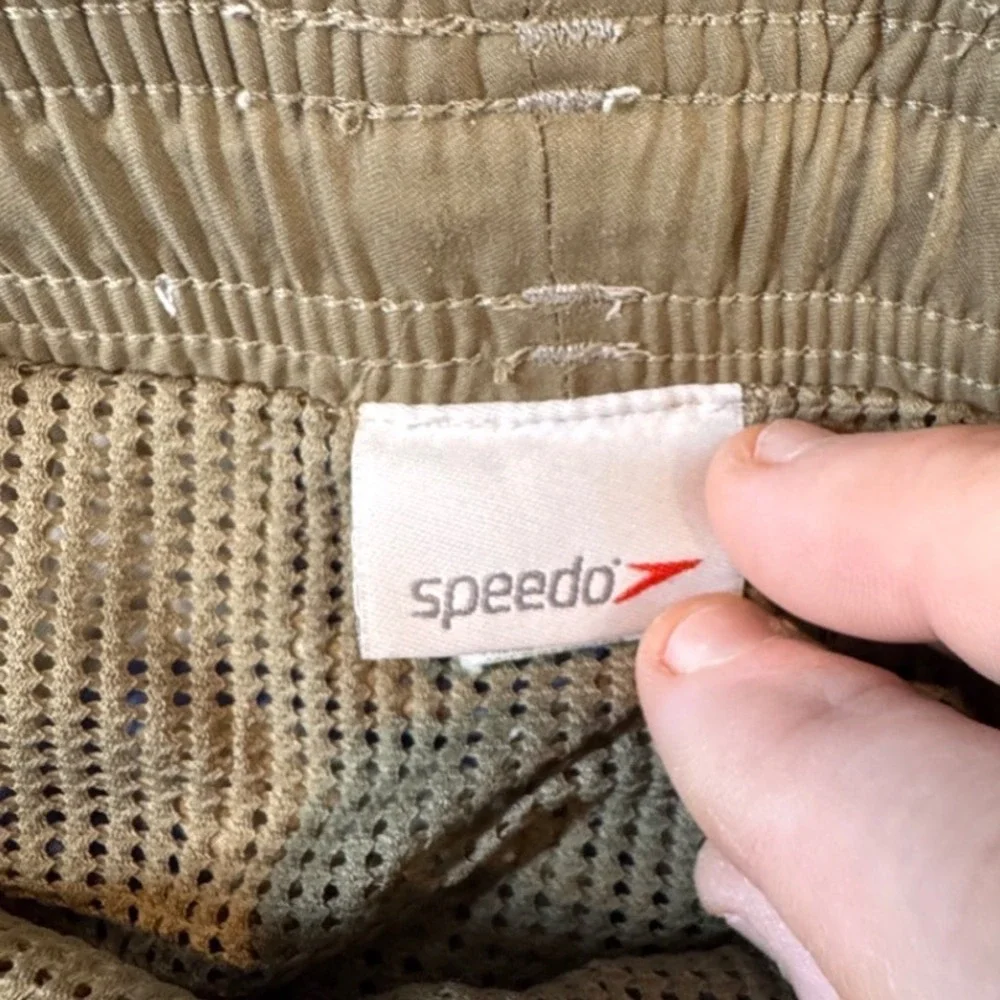 Speedo Mens Swim Trunks Size M Tropical‎ Floral Print Blue Tan Cargo Mesh Lining